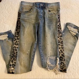 Zara destructed skinny jeans with leopard accent